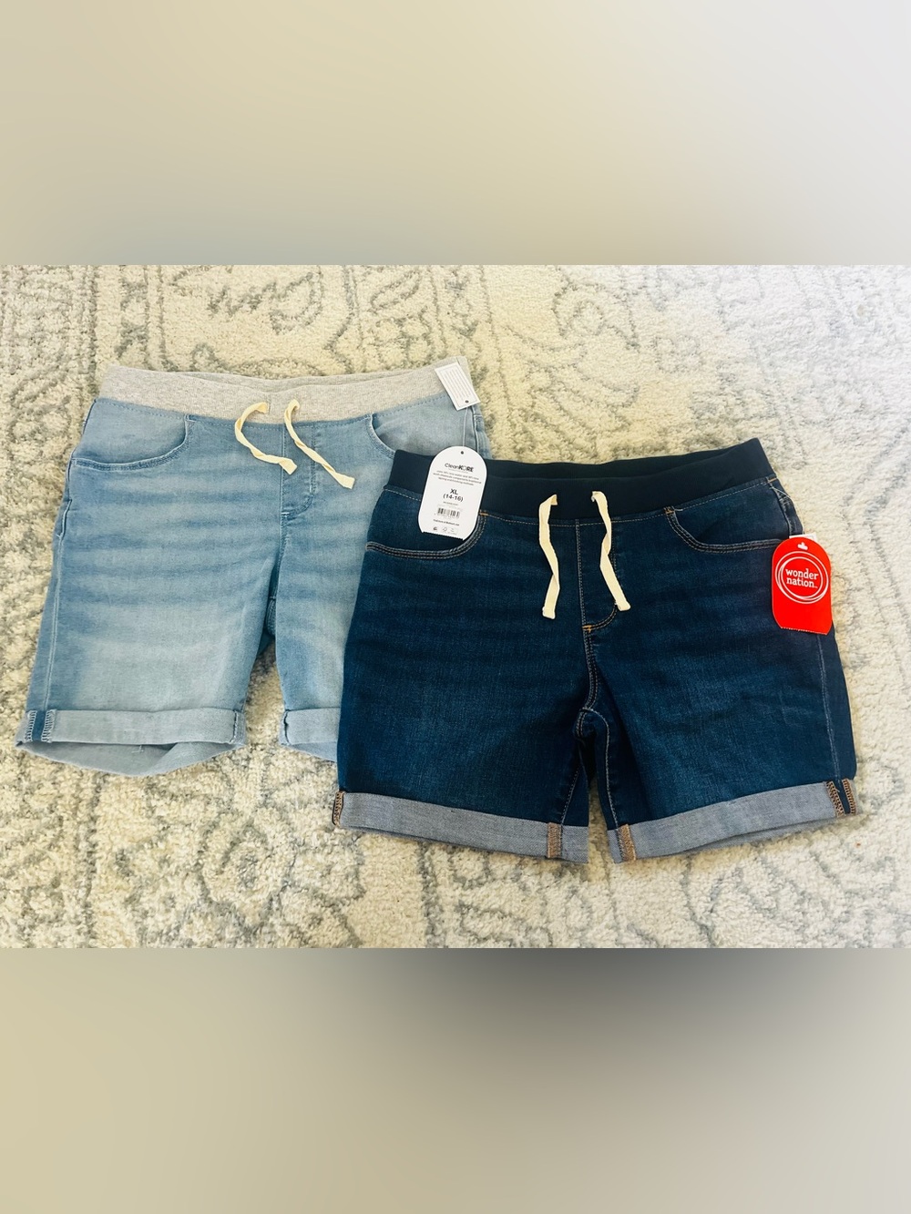 wonder nation Girls' Pull-On Denim Shorts - Light Blue & Dark Blue